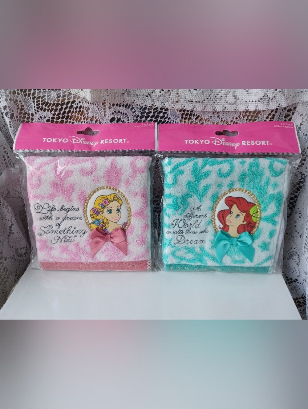 (2) NEW TOKYO DISNEY RESORT SOUVENIR PRINCESS MINI TOWEL/TOWEL HANDKERCHIEF 9.8"